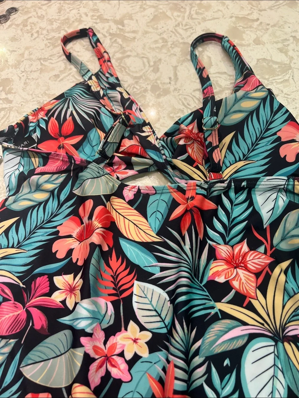 Tahari Tropical Print One-Piece Swimsuit Size Large